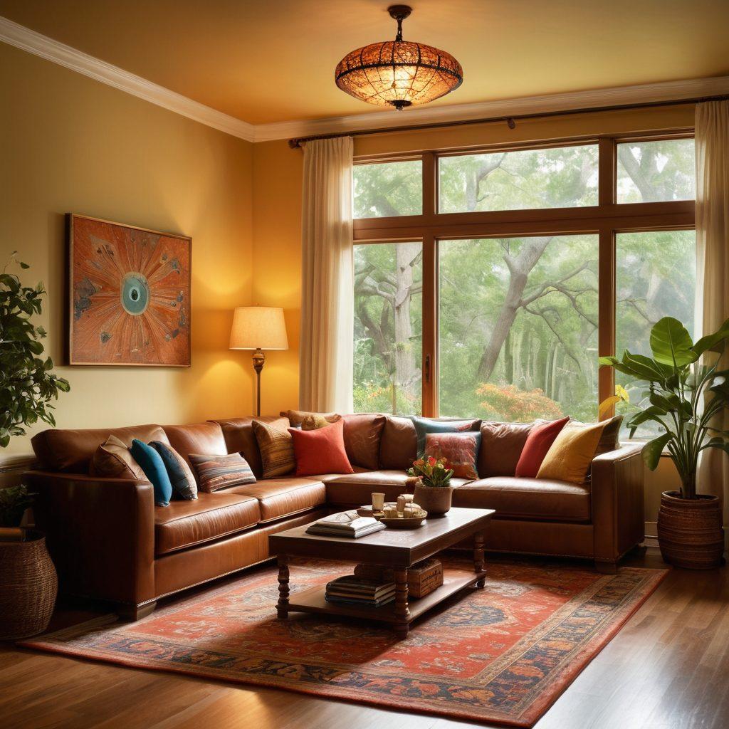 A cozy, well-decorated living room filled with personal mementos, surrounded by soft lighting that creates a warm atmosphere. In one corner, a family is seen enjoying time together, showcasing the idea of home. To emphasize security, incorporate visual elements like a shield or a protective umbrella subtly woven into the background. Include hints of nature outside the window, symbolizing peace and safety. vibrant colors. super-realistic.