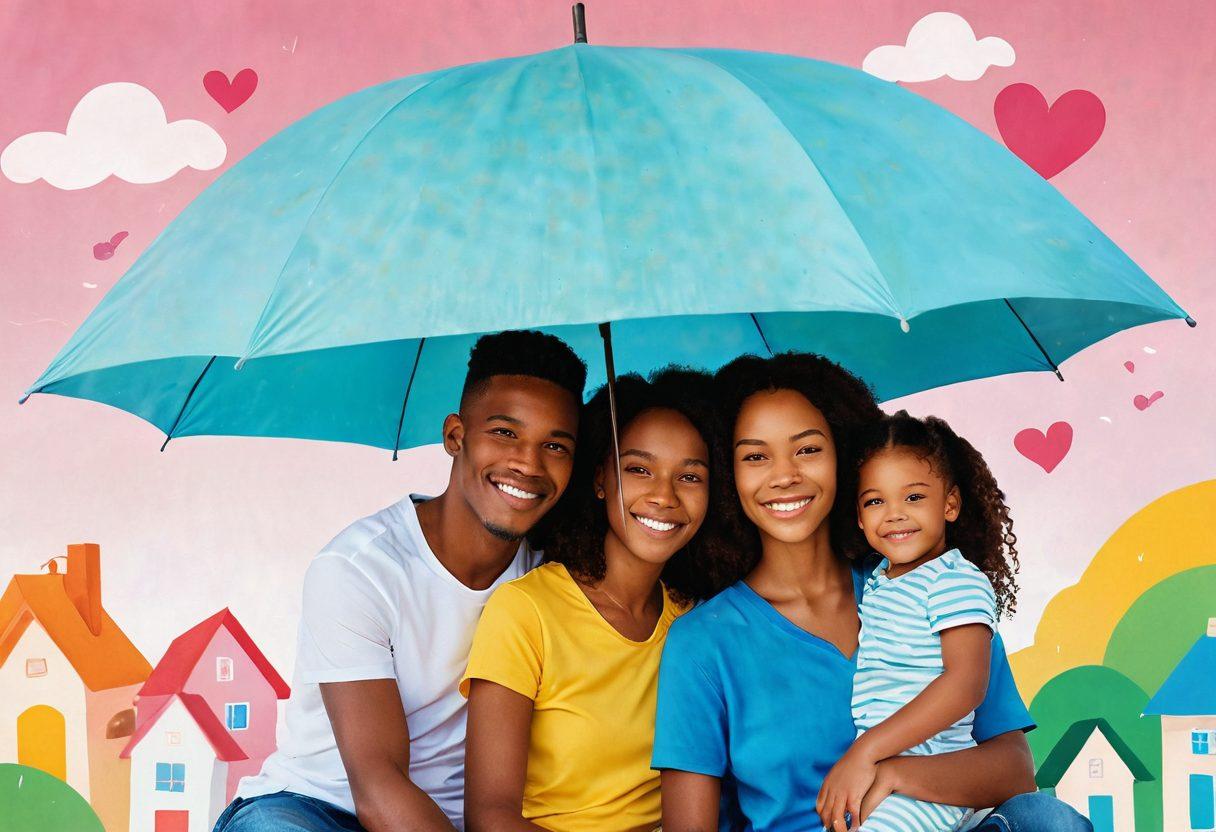 A warm and inviting scene of a diverse family huddled together under a large umbrella, symbolizing protection and love. Surround them with floating icons of heart shapes, homes, and insurance documents, representing security. Incorporate a serene background with soft pastel colors to evoke feelings of safety and warmth. The family should be smiling, reflecting happiness and unity in the face of protection. vibrant colors. super-realistic.