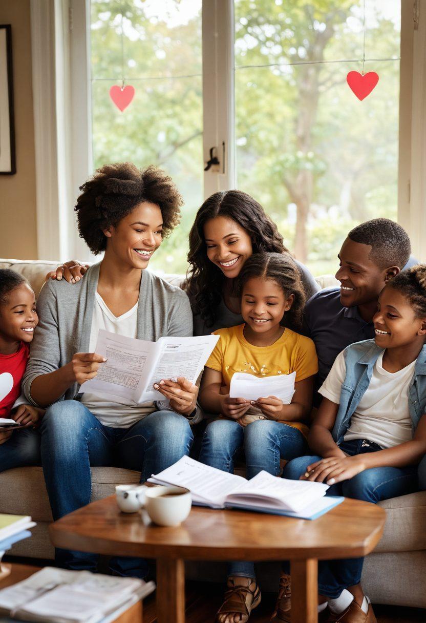 A warm, inviting scene of a diverse family sitting together on a cozy couch, reviewing insurance documents with smiles and notes. Surround them with symbols of protection like a shield, hearts, and home, symbolizing their bonds and security. Include bright natural light pouring in through a window, adding to the comforting atmosphere. super-realistic. warm tones. vibrant colors.